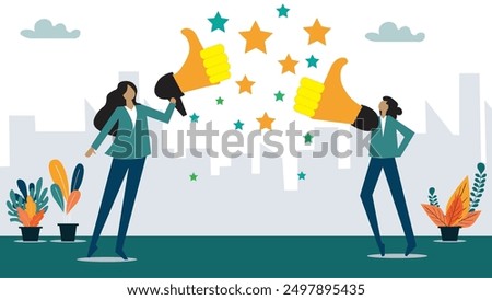 Concept of recommendation, like or business feedback, office reputation, customer feedback or announce best quality promotion, recommend career, business people announce on megaphone with thumbs up.