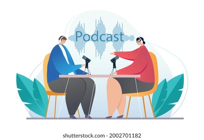 Concept of recording a podcast in the studio. The characters sit in front of the microphones with headphones on. A woman interviews a man. Conversational content on the radio. Flat vector illustration