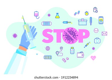 Concept of recovery. Hand dressed in medical clothes holding various means to defeat a dangerous disease. Stop 2019-nCoV Novel Corona virus. Vector illustration.