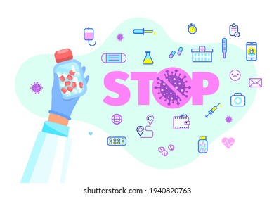 Concept of recovery. Hand dressed in medical clothes holding various means to defeat a dangerous disease. Stop 2019-nCoV Novel Corona virus. Vector illustration.