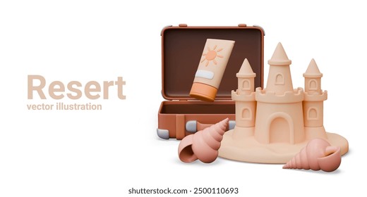 Concept of recreation at resort. Opened realistic suitcase, sand castle, cosmetic sunscreen