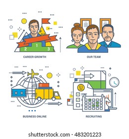 Concept of recruiting, career growth, our team, business online. Color Line icons collection.