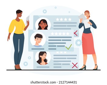 Concept of recruiting. Female colleagues choose suitable employee from resume. Talented candidates, expansion of company. HR employee, brainstorming, first stage. Cartoon flat vector illustration
