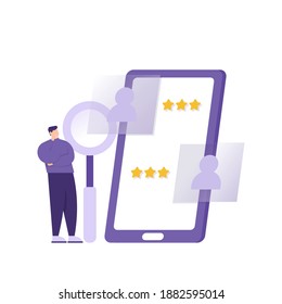 a concept of recruiting new employees or workers. illustration of an HRD or Human Resources Development staff reviewing information on prospective job applicants on a smartphone. job application.