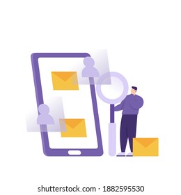 a concept of recruiting new employees or workers. illustration of an HRD or Human Resources Development staff reviewing the contents of an email from a prospective job applicant on a smartphone