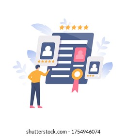 the concept of recruiting and selecting prospective employees, HRD. illustration of a man looking at a resume or CV from a job applicant. flat design. can be used for elements, landing pages, UI, web 