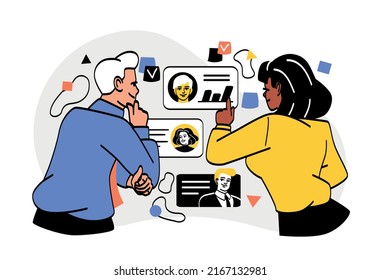 Concept of recruitment. Man and girl look through profiles of candidates for vacancy, resume and selection of talented employee. Company and staff expansion. Cartoon flat vector illustration