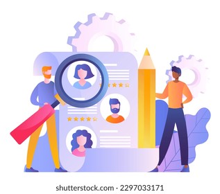 Concept of recruitment. Man and woman with magnifying glass evaluate resumes of potential job candidates. HR manager chooses freelancer. Business people choose CV. Cartoon flat vector illustration