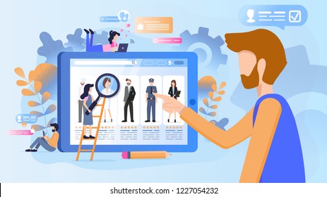 Concept of recruitment to work in the company. Vector illustration of working cartoon characters group of employees reviews the resume of candidates for employment company