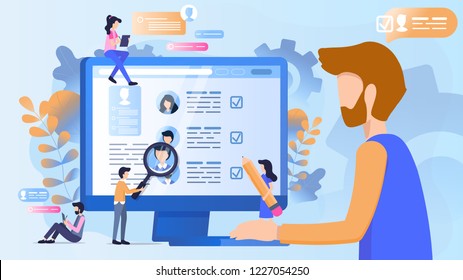 Concept of recruitment to work in the company. Vector illustration of working cartoon characters group of employees reviews the resume of candidates for employment company