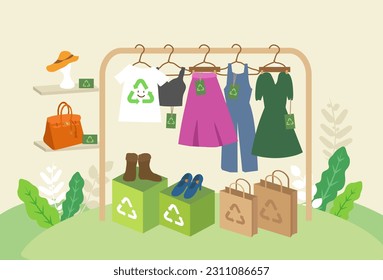 Concepto de reciclaje, aumento de la bicicleta, reutilización, fabricación a mano, moda lenta, comercio justo, materiales responsables, ropa de tela ecológica.
