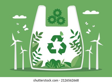 Concept of recycling. Ecology and care for planet and environment. Waste reduction and proper use. Natural products and goods. Harmless Energy, wind generators. Cartoon flat vector illustration