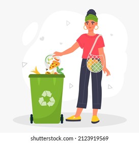 Concepto de reciclaje. Una chica arroja comida a la basura. Consumo excesivo, consumo inadecuado de productos. Cuidar del planeta, consecuencias negativas de la globalización. Dibujo vectorial plano de dibujos animados