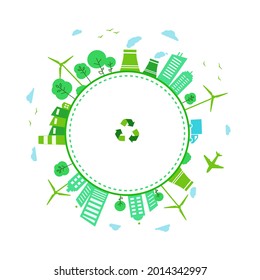 Concept of recycling and green city. Eco friendly plants and wind energy from windmills. Eco city around white circle with a recycling sign. Vector Illustration.