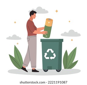 Concept of recycling. Young guy puts battery in trash can. Motivational poster or banner for website. Activist and volunteer. Caring for environment and nature. Cartoon flat vector illustration