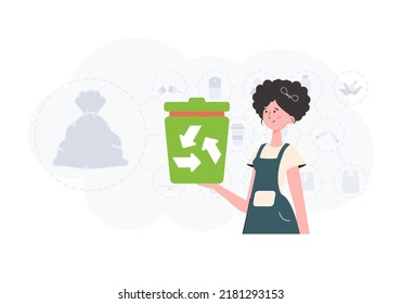 The concept of recycling and zero waste. The girl is holding a trash can in her hands. Vector illustration Flat trendy style.