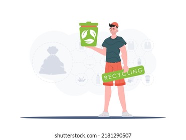 The concept of recycling and zero waste. A man holds a trash can in his hands. Vector illustration Flat trendy style.