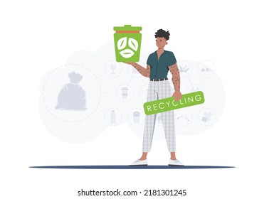 The concept of recycling and zero waste. A man holds an urn in his hands. Vector illustration Flat trendy style.