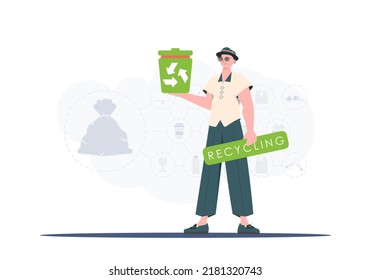 El concepto de reciclaje y cero residuos. Hombre elegante con una urna en las manos. Estilo de diseño. Vetcor.