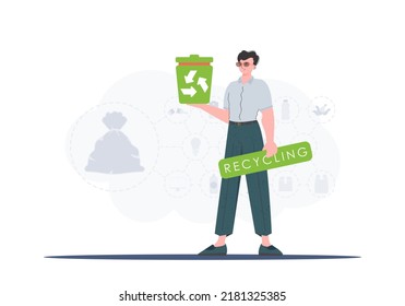 The concept of recycling and zero waste. Stylish man holding an urn in his hands. Vector illustration Flat trendy style.