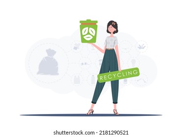 The concept of recycling and zero waste. A woman holds a trash can in her hands. Vector illustration Flat trendy style.