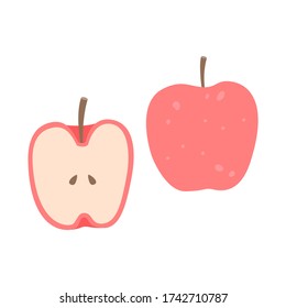 Concept of red fresh apple whole and half in flat style. Graphic elements, vegetarian food. Vector illustration.