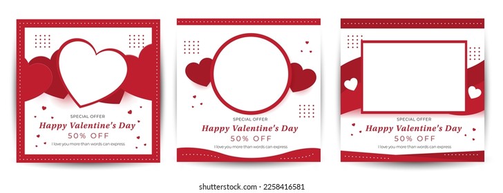 concept of red heart love valentine template square social media post banner vector background. set of red heart love valentine template square social media post banner vector background.