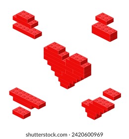 Concept with red heart made of plastic bricks. Vector