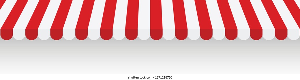Concept red striped awnings for shop. Tent sun shade for market on white background. Vector illustration svg