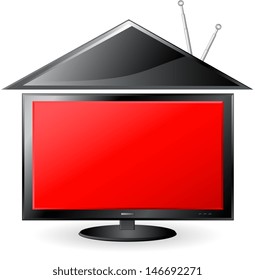 concept red TV and plastic house with antenna