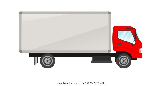 Concept Of Red Utility Truck Isolated On White Background. Passenger Car Side View. Concept Of Different Colorful Vehicles Of Different Body Type. Flat Cartoon Vector Illustration