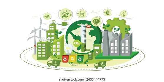 El concepto de reducir las emisiones de CO2 utilizando energía limpia y reducir el problema del cambio climático con la ilustración de un vector de icono plano. Diseño de infografía de templos ecológicos para banner web.