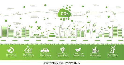 El concepto de reducir las emisiones de CO2 utilizando energía limpia y reducir el problema del cambio climático con la ilustración de un vector de icono plano. Diseño de infografía de templos ecológicos para banner web.