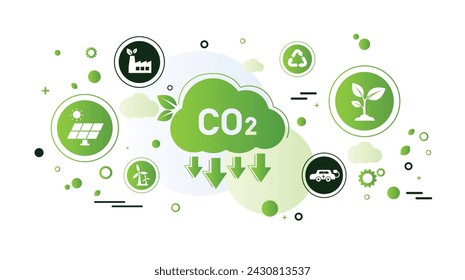 El concepto de reducir la emisión de CO2 utilizando energía limpia y reducir el problema del cambio climático con ilustración vectorial de icono plano. Diseño de infografía de plantilla de entorno verde para banner web.