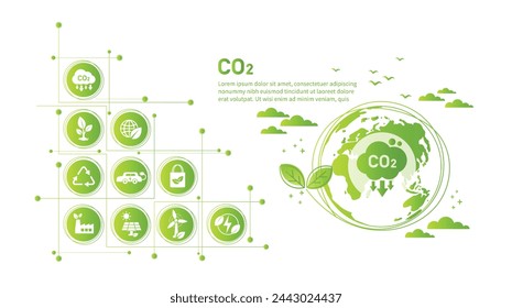 El concepto de reducir la emisión de CO2 utilizando energía limpia y reducir el problema del cambio climático con ilustración vectorial de icono plano. Diseño de infografía de plantilla de entorno verde para banner web.