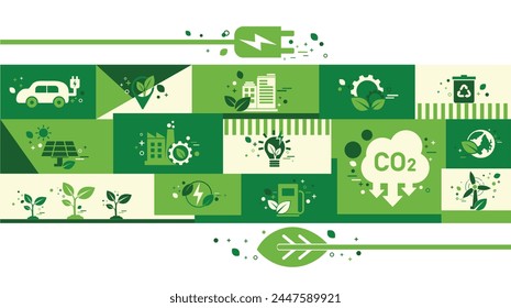 El concepto de reducir la emisión de CO2 utilizando energía limpia y reducir el problema del cambio climático con Ilustración vectorial de iconos planos. Diseño de infografía de plantilla de ambiente verde para Anuncio de Web.