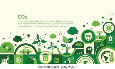 The concept of reduce co2 emission using clean energy and reduce climate change problem with flat icon vector illustration. Green environment templet infographic design for web banner.