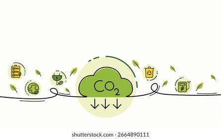 O conceito de reduzir a emissão de co2 usando energia limpa para reduzir o problema da mudança climática com a ilustração vetorial de ícones de linha plana. Design infográfico de modelo de desenvolvimento de ambiente verde para banner da Web