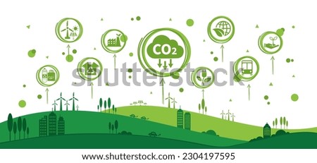 The concept of reduce co2 emission using clean energy and reduce climate change problem with flat icon vector illustration. Green environment templet infographic design for web banner. Stock foto © 
