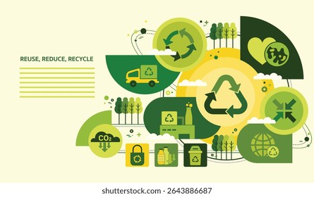 The Concept of Reduce, Reuse, Recycle in zero waste with Icons for sustainable environment management web banner. Garbage recycling to eco friendly. Green template Infographic flate vector design.