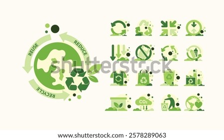 The Concept of Reduce, Reuse, Recycle in zero waste with Icons for sustainable environment management web banner. Garbage recycling to eco friendly. Green template Infographic flate vector design.