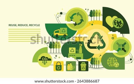 The Concept of Reduce, Reuse, Recycle in zero waste with Icons for sustainable environment management web banner. Garbage recycling to eco friendly. Green template Infographic flate vector design.