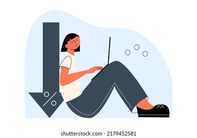 The concept of reducing the commission percentage. Girl with a laptop and an arrow down.