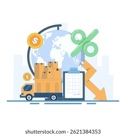 concept of reducing taxes and fees on import and export of goods. tariff report. trucks transporting products for export and import. tariff reduction and economy. flat style design illustration