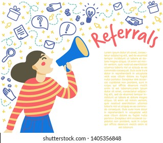 Concept Refer a friend. Referral program. People shout into a megaphone. Woman announces ads. Vector illustration with place for text.