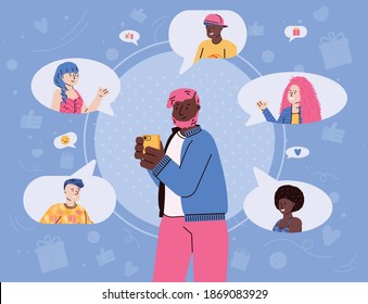 Concept of referral marketing, business and program refer your friend. Man hold mobile phone in hand and send network messages to friends or colleagues. Vector flat illustration.