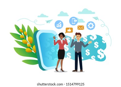 Concept of referral marketing, businessman loyalty program, promotion method. walking out of giant smartphone. Vector illustration.