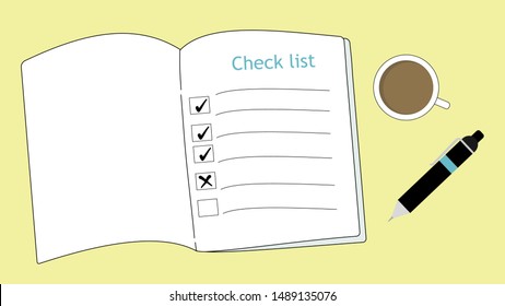 Concept of referral marketing, check list book with pen and coffee cups on yellow background. Flat design vector illustration.