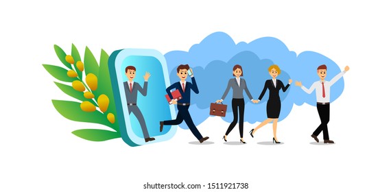 Concept of referral marketing promotion method. Group of businessman holding hands and walking out of giant smartphone. vector illustration.