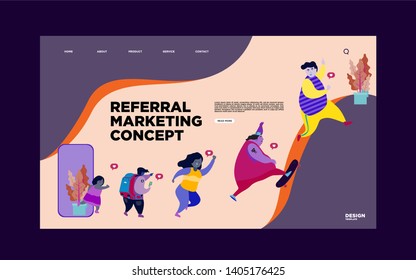 Concept of referral marketing, Refer A Friend loyalty program, promotion method. Group of people or customers holding hands and walking out of giant smartphone. Modern flat vector illustration. 